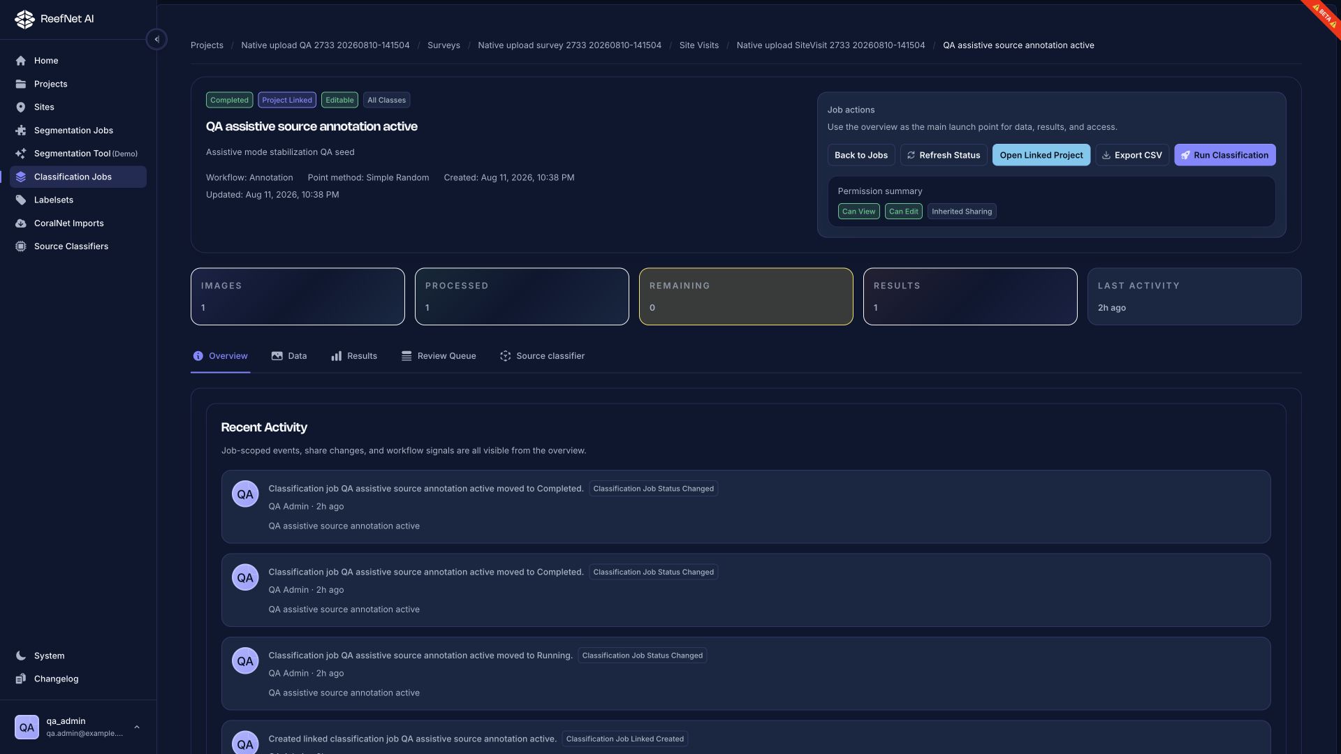 A completed classification job with processing counts, actions, and review tabs