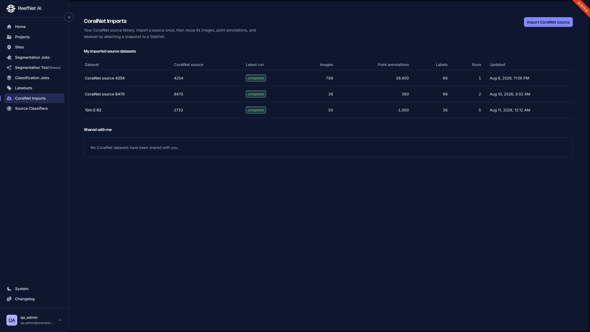 CoralNet Imports table showing source datasets and landed counts