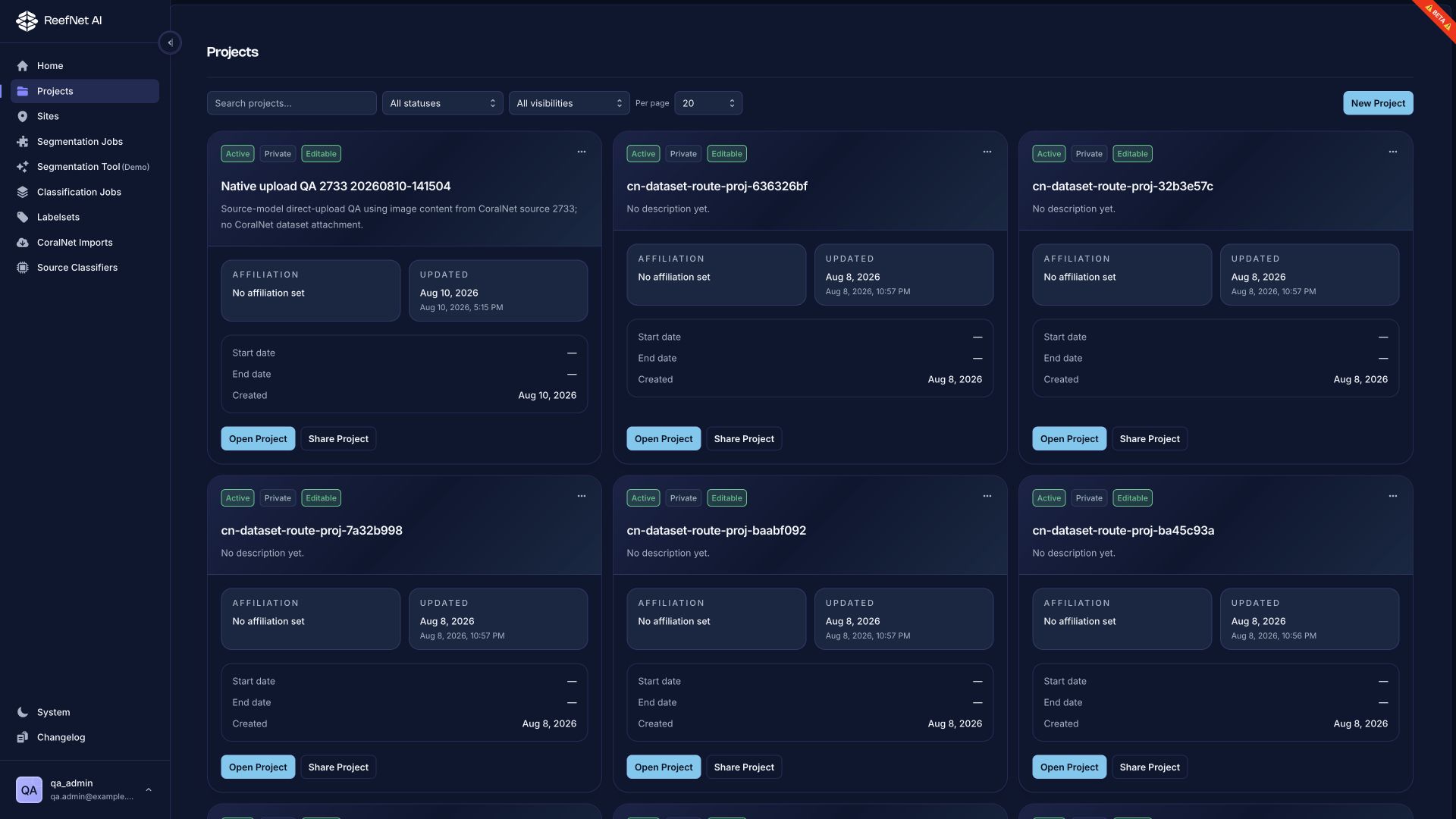 Project cards with status, visibility, and sharing actions