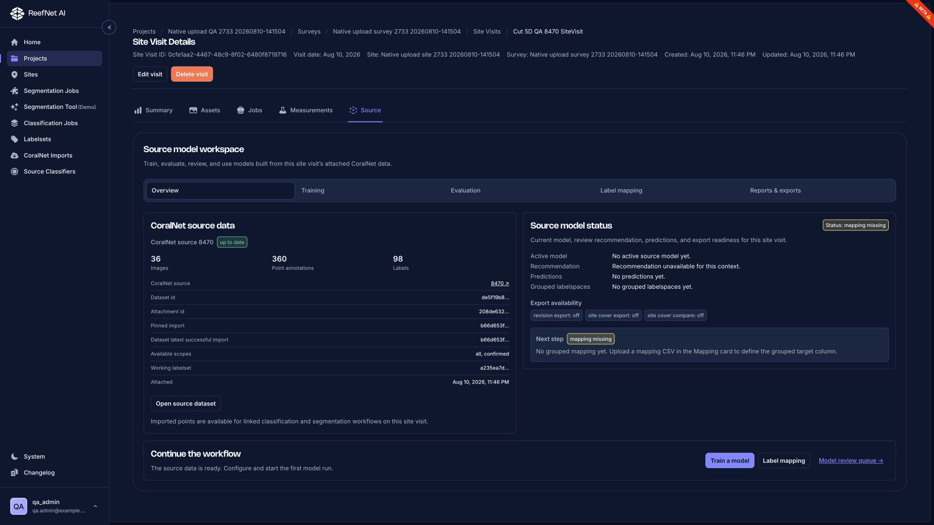 SiteVisit Source workspace showing attached CoralNet data and model readiness