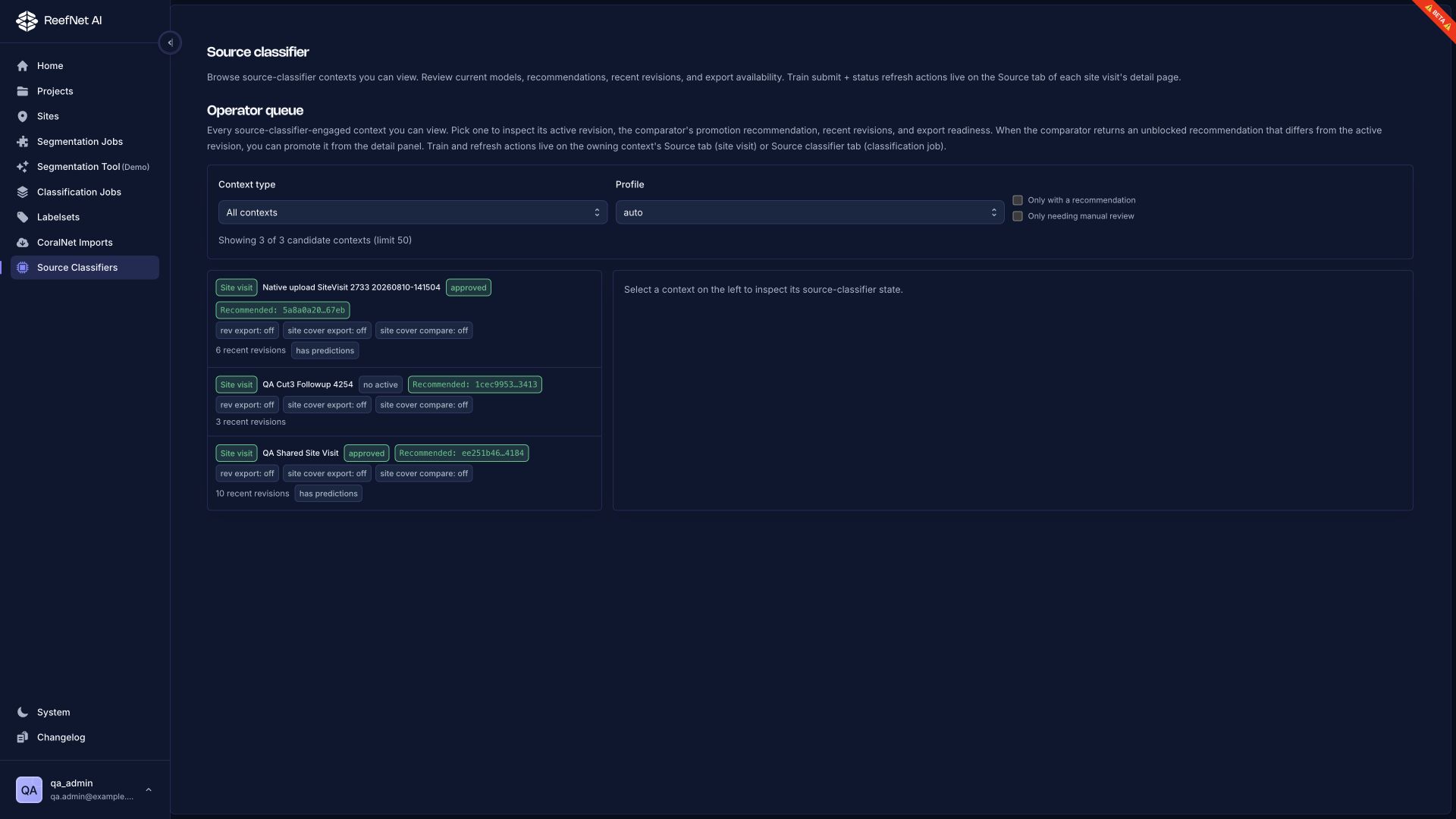 Source-classifier operator queue with context filters and recommendations