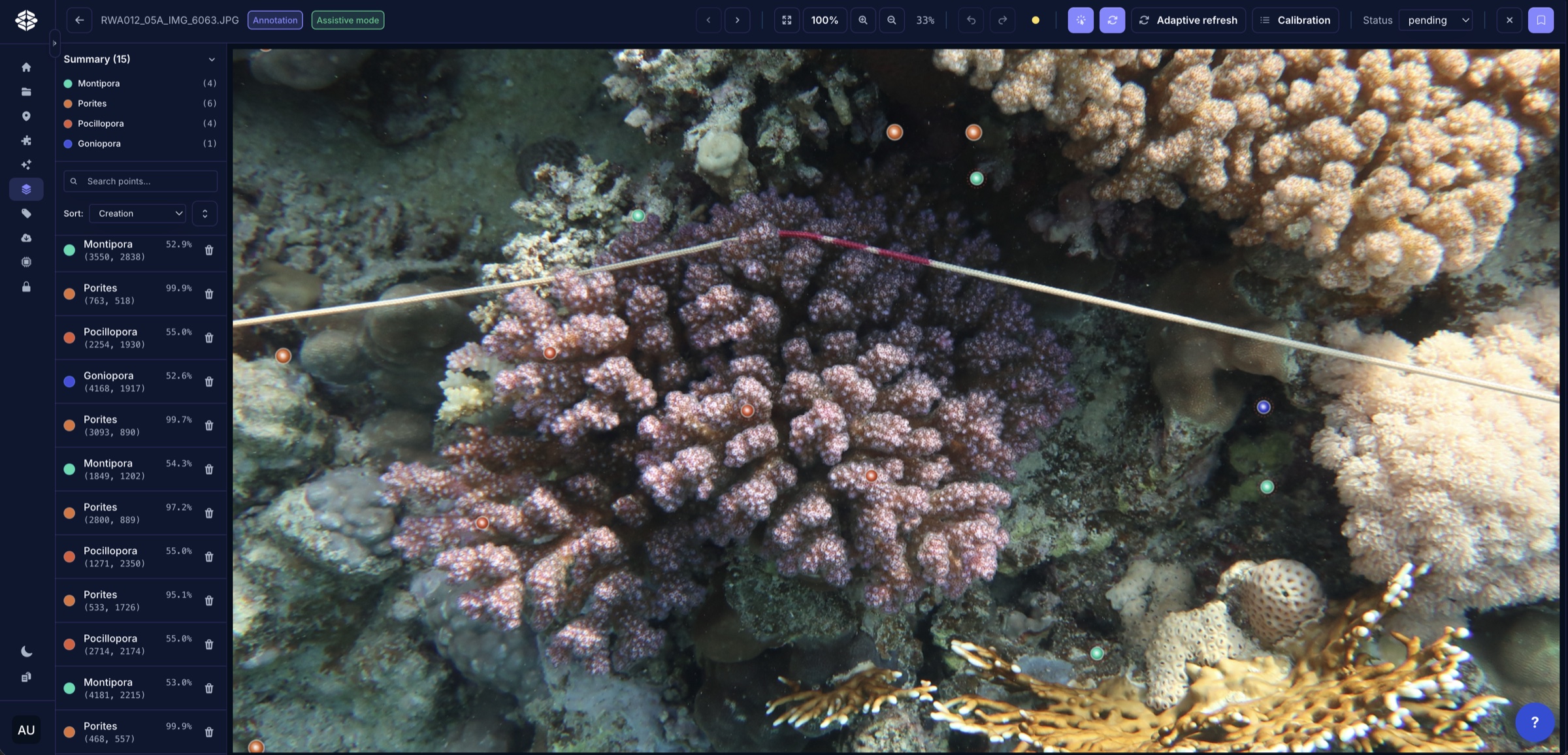 ReefNetAI classification interface with Assistive mode enabled.