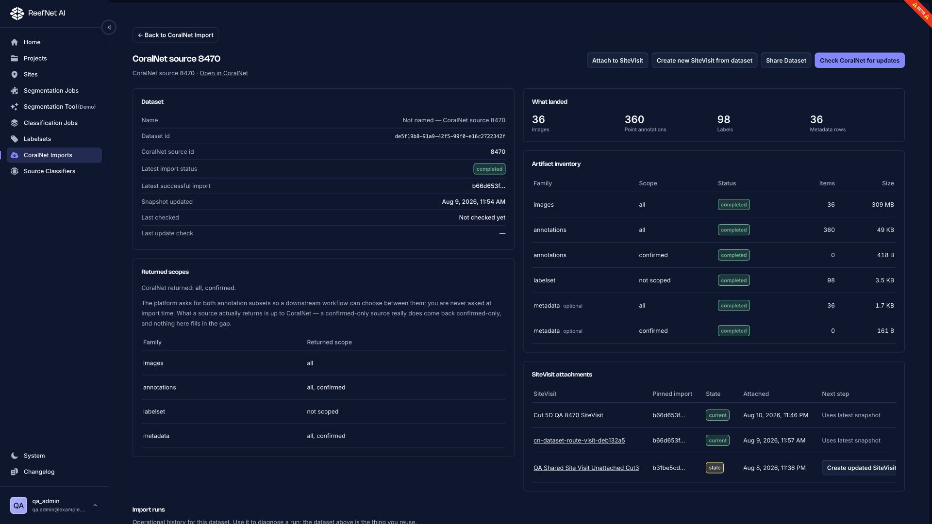 A CoralNet imported source dataset in ReefNetAI.