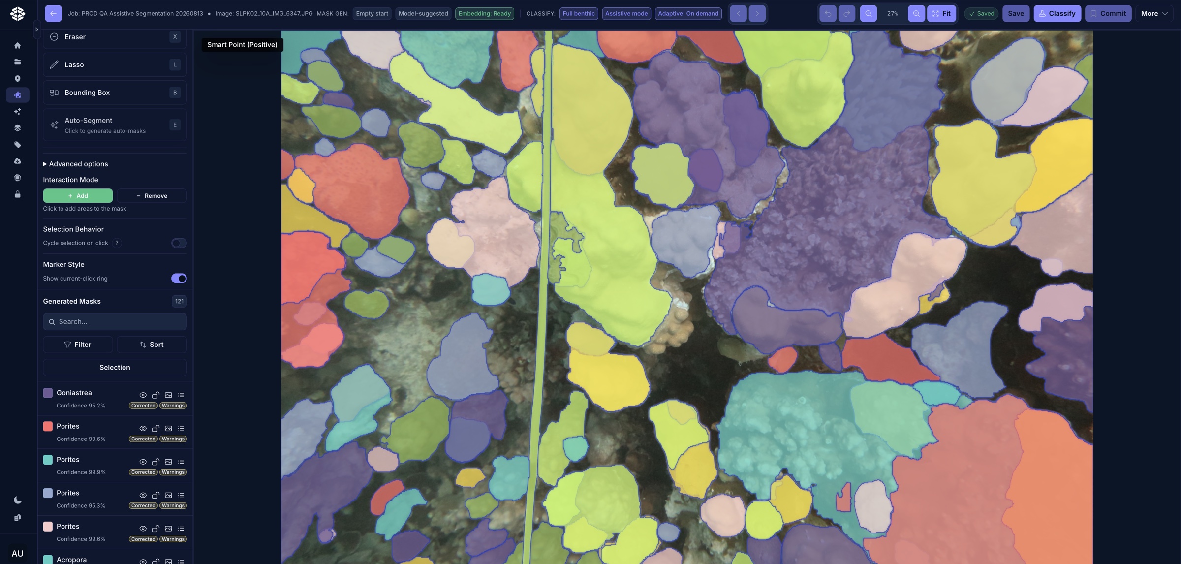 The ReefNetAI 0.4.0 segmentation workspace showing coral masks.