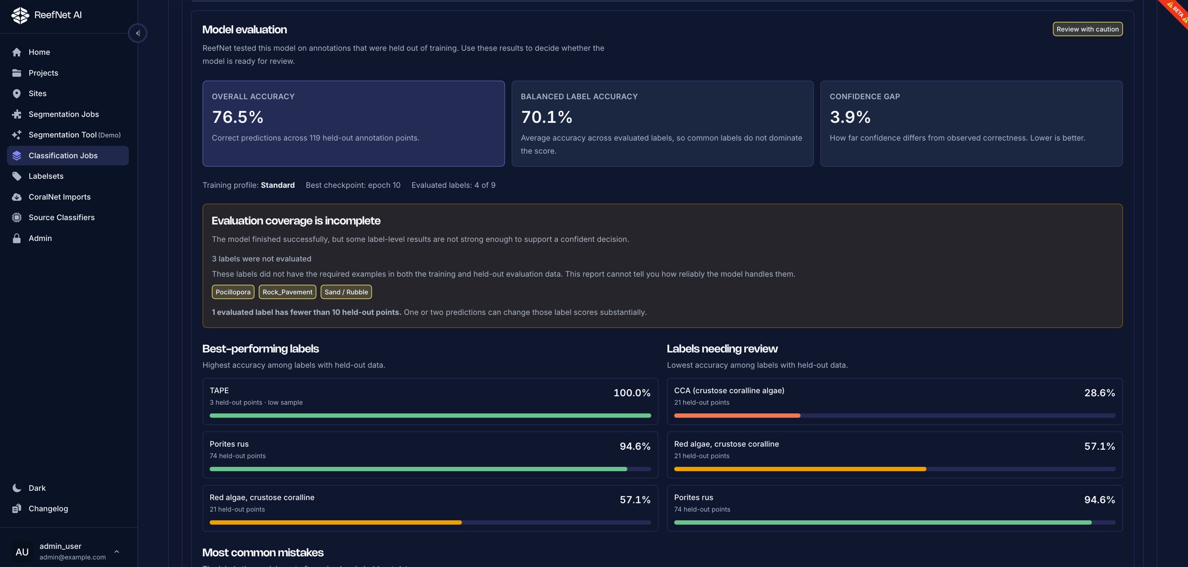 ReefNetAI source-classifier evaluation results and coverage guidance.